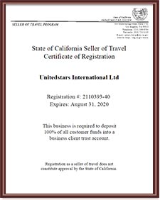 State of California Seller of Travel Certificate of Registration